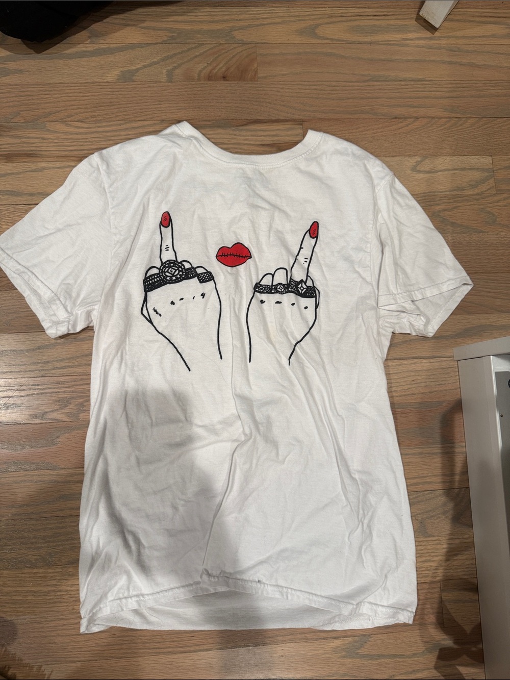 Fashion Nova White Tee with Graphic Hand Illustration and Red Accents